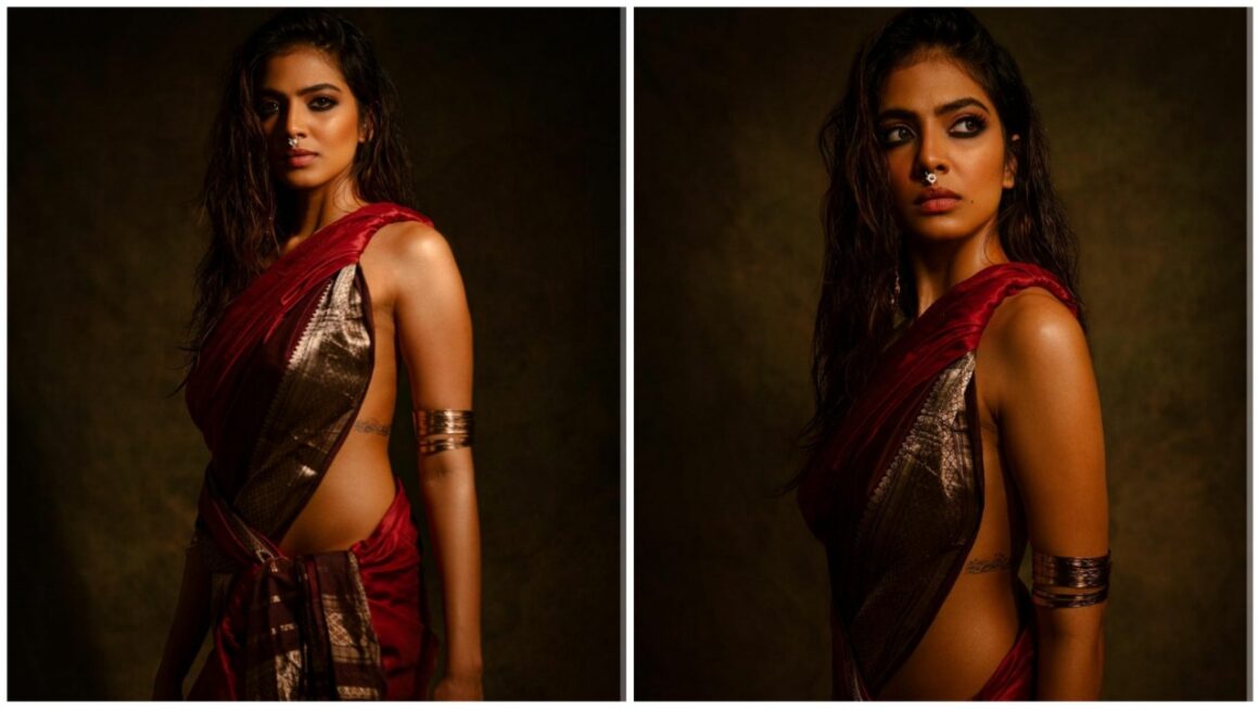 Malavika Mohanan, dressed in a traditional golden saree, transcends us to a timeless epoch