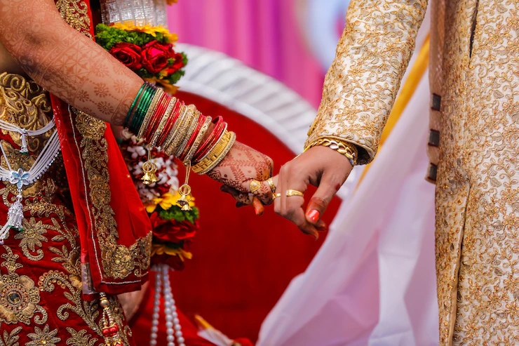 traditional indian wedding ceremony groom holding hand bride hand 96696 808